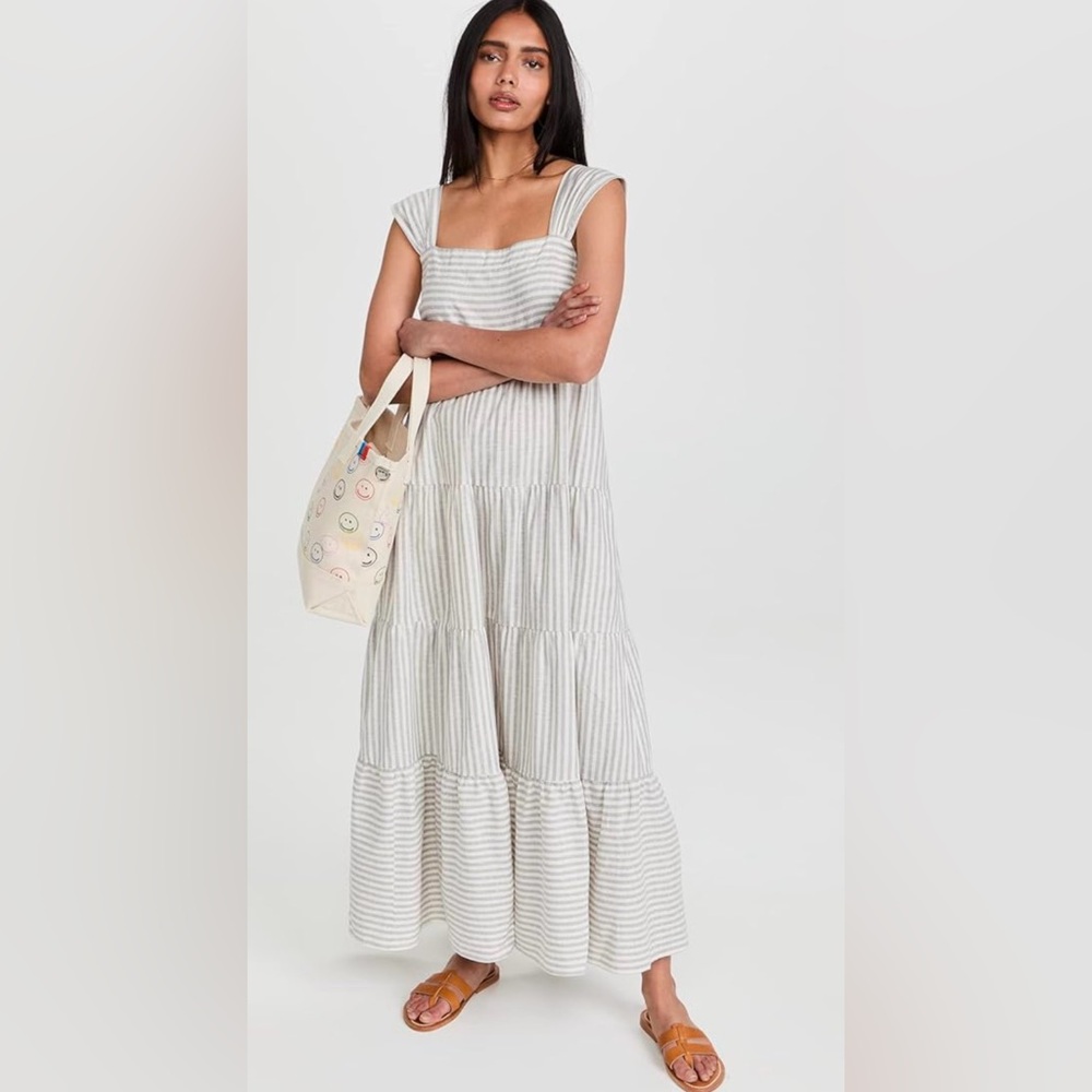 Madewell Tiered Maxi Dress Women’s XL White Gray Vertical Striped Hemp Cotton
